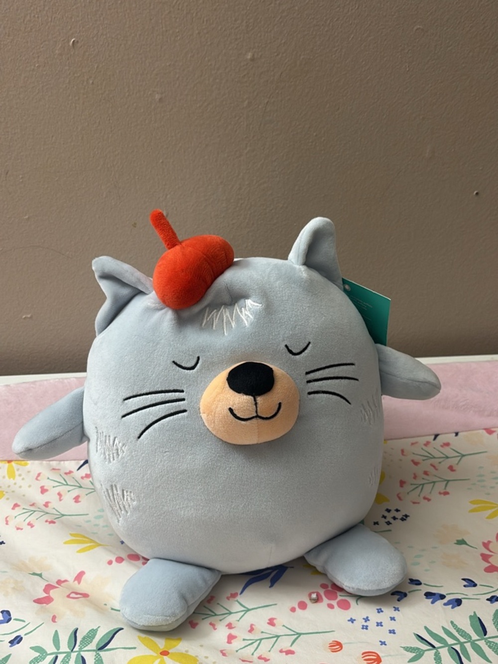 Pillowfort Gray Plush Weighted Cat with Peach Snout and Orange Accent